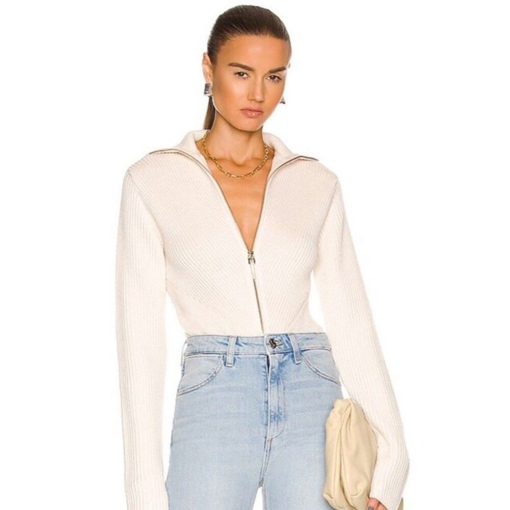 GAUGE81 Beige Zip-Up Long Sleeve Bodysuit Women’s Size S Solid Zipper Accent